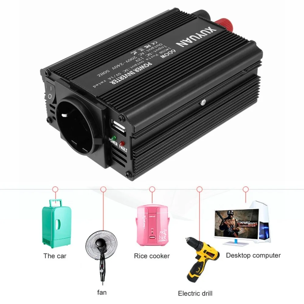 Professional 600W USB Power Inverter DC 12V to AC 220V with LED Indicator Car Converter for Household Appliances