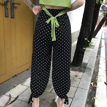 

Women's new High Waist Lace Up Plaid/Dot Pattern Bloomer Pants Ankle-Length Vintage Cotton Elastic Waist Pants