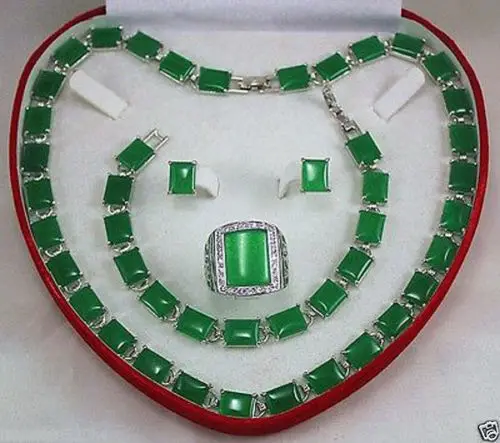 

Beautiful green jade necklace bracelet earring ring Jewellery set size 9-11# 5.23