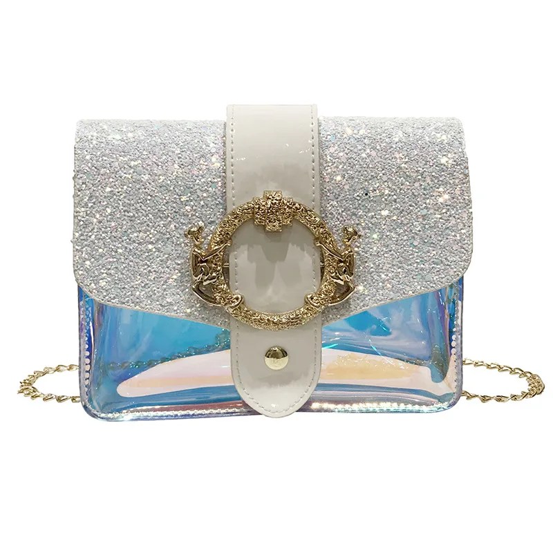 

2019 New Bag Korean Version Of The Wild Laser Monkey Lock Sequins Package Transparent Jelly Chain Bag Fashion Shoulder Bag