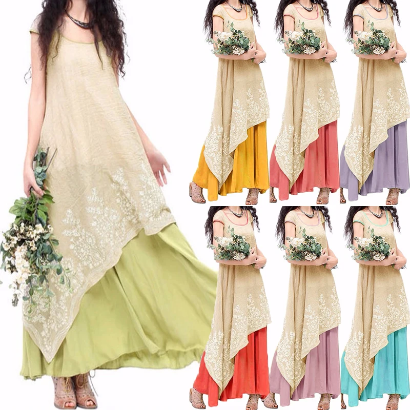 

7 Colors ZANZEA Women Summer Long Maxi Dress 2019 Ladies Casual Loose Short Sleeve Floral Embroidery Two Layers Vintage Vestidos