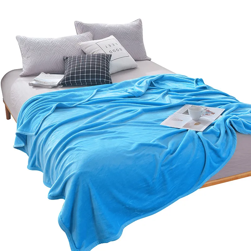 

Blue Solid Color Bedspread Blanket 200x230cm High Density Super Soft Flannel Blanket To On For The Sofa/Bed/Car Portable Bedding