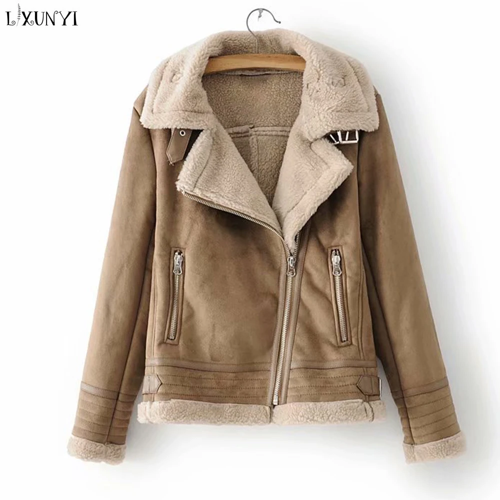 

Lxunyi Autumn Winter Suede Jacket Casual Long Sleeve BuckleThick Warm Zipper Short Lambswool Suede Leather Coat Female