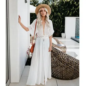 

2019 Verano playa Maxi Vestido Mujer estampado Boho flower Long Dresses Casual cuello en V Sexy Bandage vestido de fiesta femme