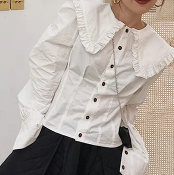 

[DEAT] 2020 spring New Fashion Women's High-quality Clothing Solid Color Single-breasted Navy Collar Slim Shirt WI390