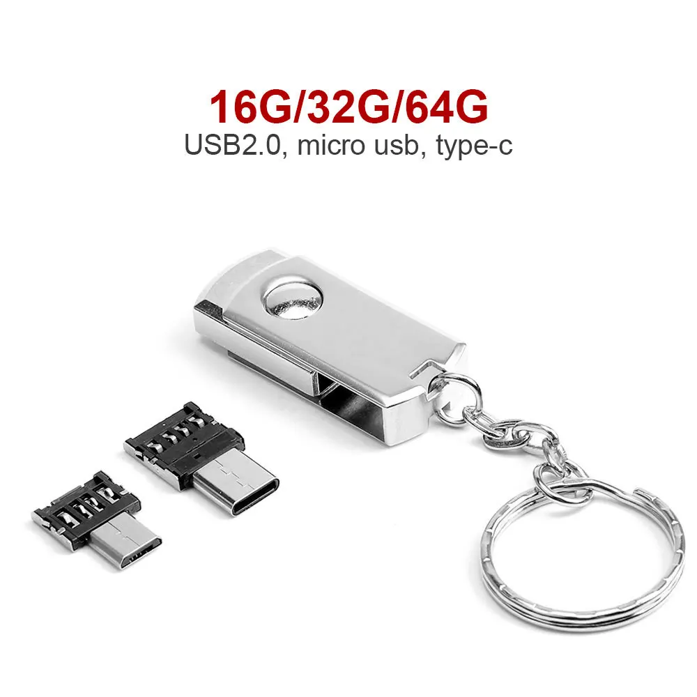 

Portable Flash Disk 16G 32G 64G USB2.0 Aluminium Alloy Memory Stick Pendrive Storage Flash Disk with Micro USB/Type-C Adapter