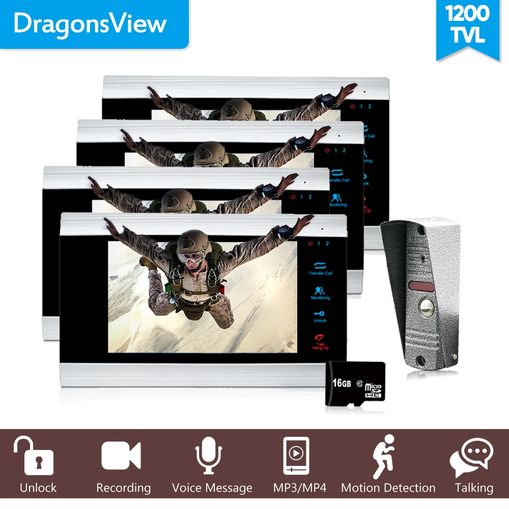 

Dragonsview 1200TVL Video Doorbell Door Phone System Video Intercom 1 camera 4 monitors 7 Inch Motion Detection Voice Message