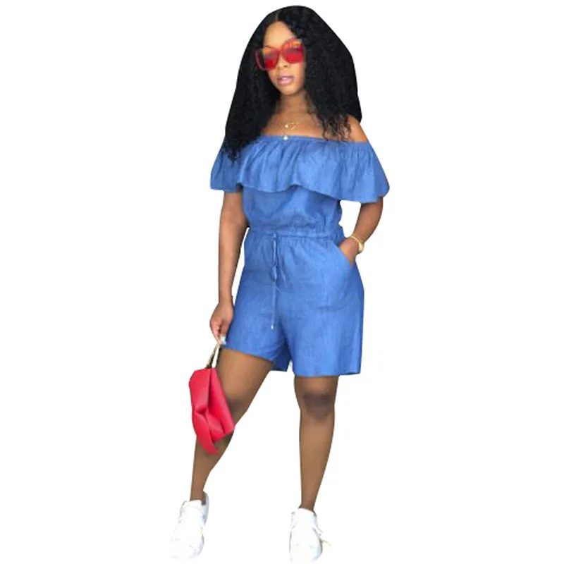

Sexy Off The Shoulder Ruffle Playsuit Nice Women Denim Jumpsuit Overalls Slash Neck Casual Jumpsuits Jeans Short Sleeve Jumpsuit