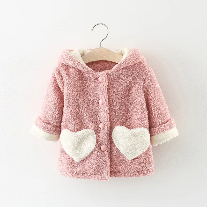 

Winter Infant Girls Loving Heart Pockets Hooded Thicken Fleece Princess Cute Jackets Kids Baby Warm Outerwear Coats casaco