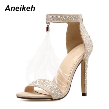 

Aneikeh White Pearl Patchwork Women Open Toe Sandals Sexy White Feather Fringe Ladies Fashion High Heels Ankle Strap Dress Shoes