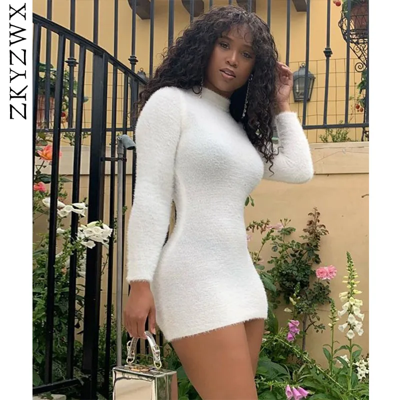 

ZKYZWX Autumn and Winter New Style Plush Dress Long Sleeve Turtleneck Sheath Women Dresses Street Wear Fashion Vestidos Verano
