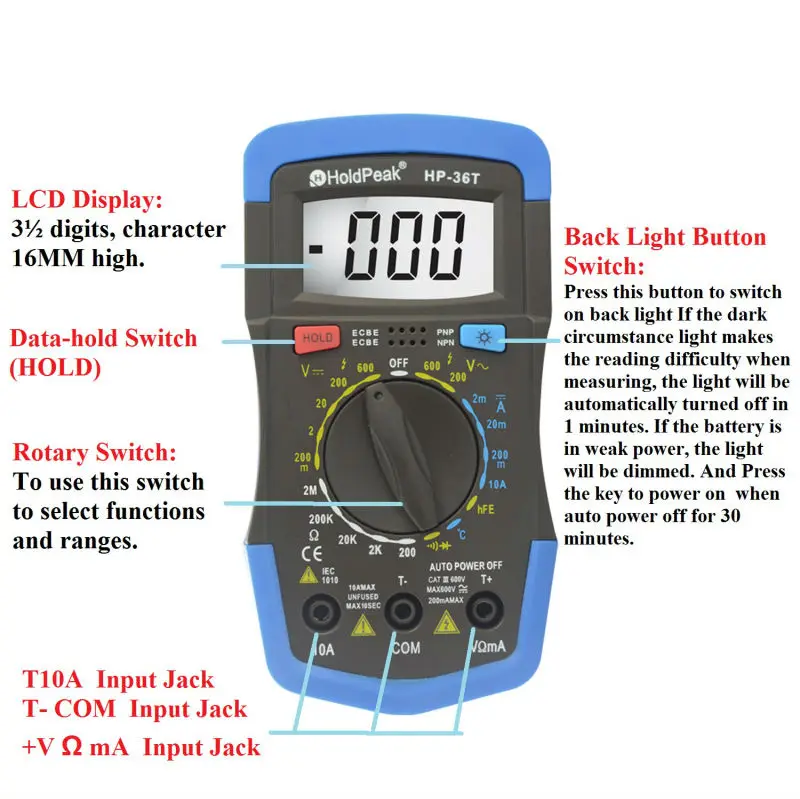 

HoldPeak HP-36T Digital Multimeter Resistance Diedo hFE Tester