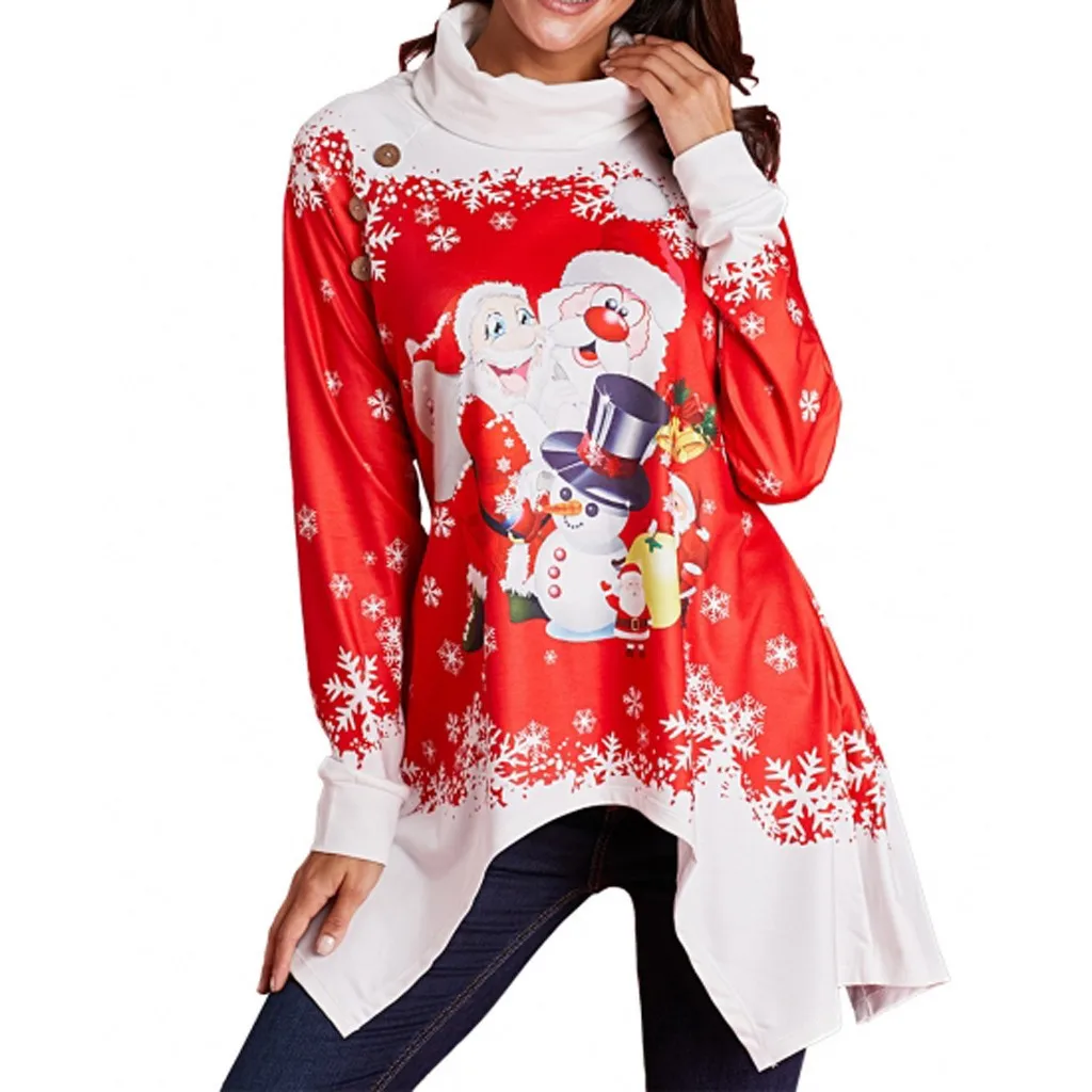 Women shirts Christmas Snowflake Print Cowl Neck Asymmetric Santa Claus Xmas Tunic Tops Female