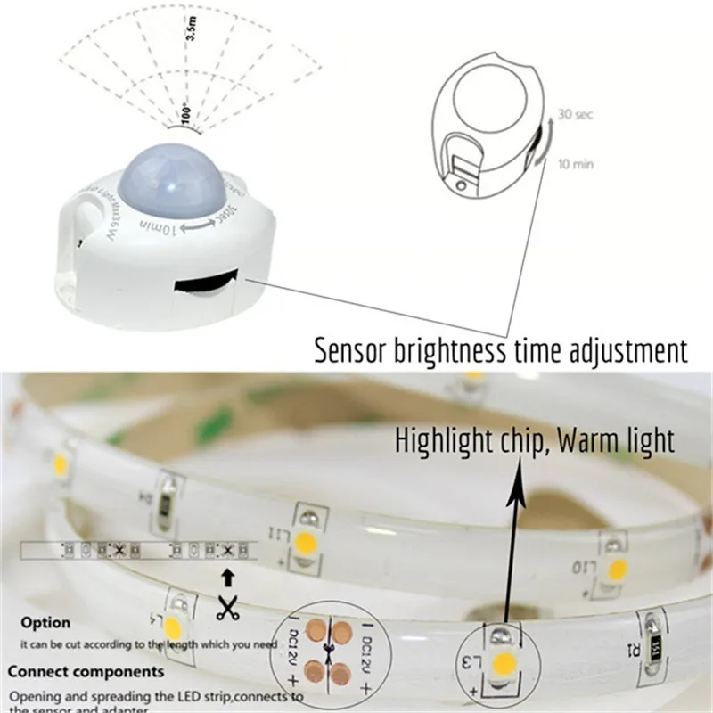 PIR сенсор Светодиодная лента 2835 60 светодиодный s/m датчик движения светодиодный лента 110 В 220 В до 12 в 1 м 2 м 3 м 4 м 5 м Светодиодная лента для кухонный шкаф кровать