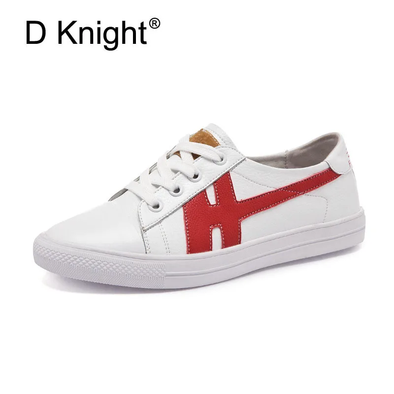 

New Women Casual Genuine Leather Flat Shoes Fashion Color Block Lace Up Leather Sneakers For Women Ladies Leisure White Shoes