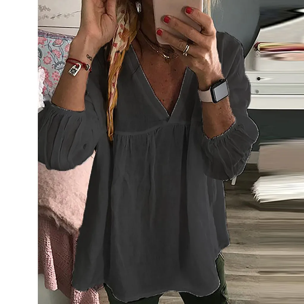 SAGACE женская рубашка блузки s 2019 сексуальная VNeck рукав 3/4 одноцветная хлопковая