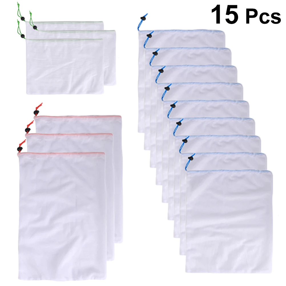 

15PCS Mesh Bag White Polyester Reusable Produce Washable Drawstring Vegetable Bag Fruit Sundries Storage Organizer Bags