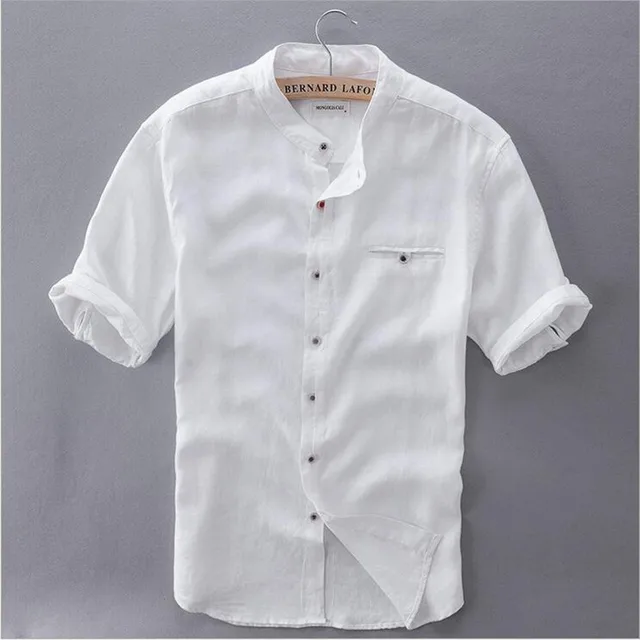 2017 men's Mandarin Collar short sleeve natural linen cotton summer ...