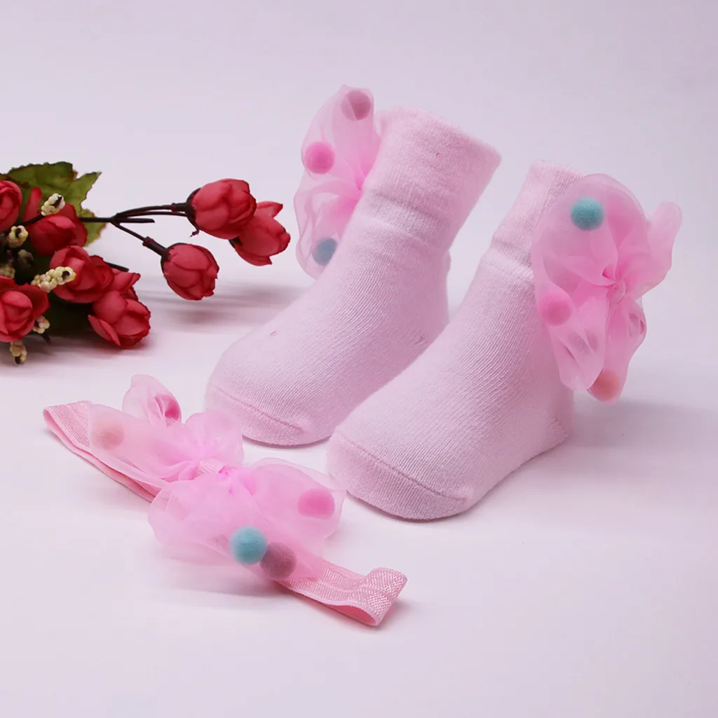 Детские носки яркие носки для малышей+ 1 предмет, с поясом для волос, для маленьких девочек, модные милые Нескользящие удобные мягкие носки с бантиком, носки