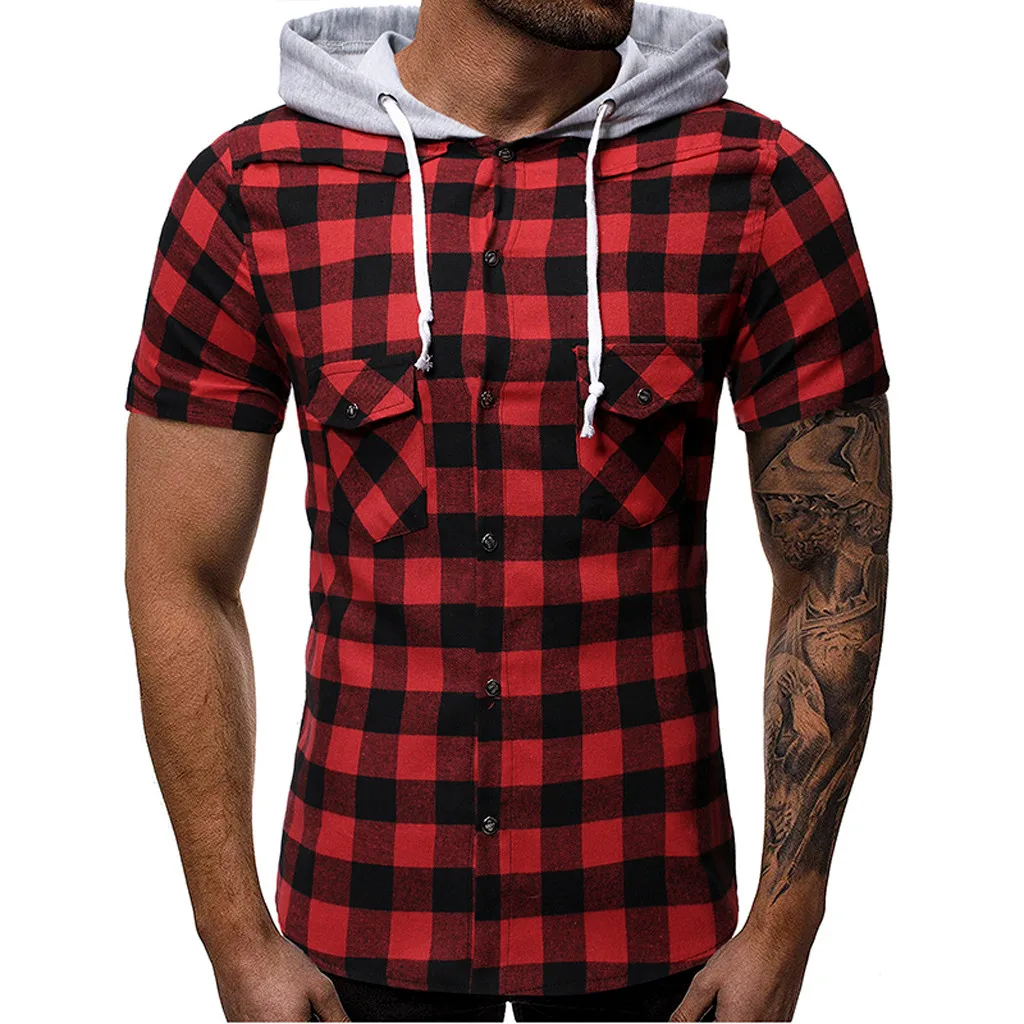 

Fashion Men's Tops Summer T Shirt Hooded Pocket Short Sleeve Plaid T-Shirt Casual Streetwear Top Ajax 2019 2020 5.21