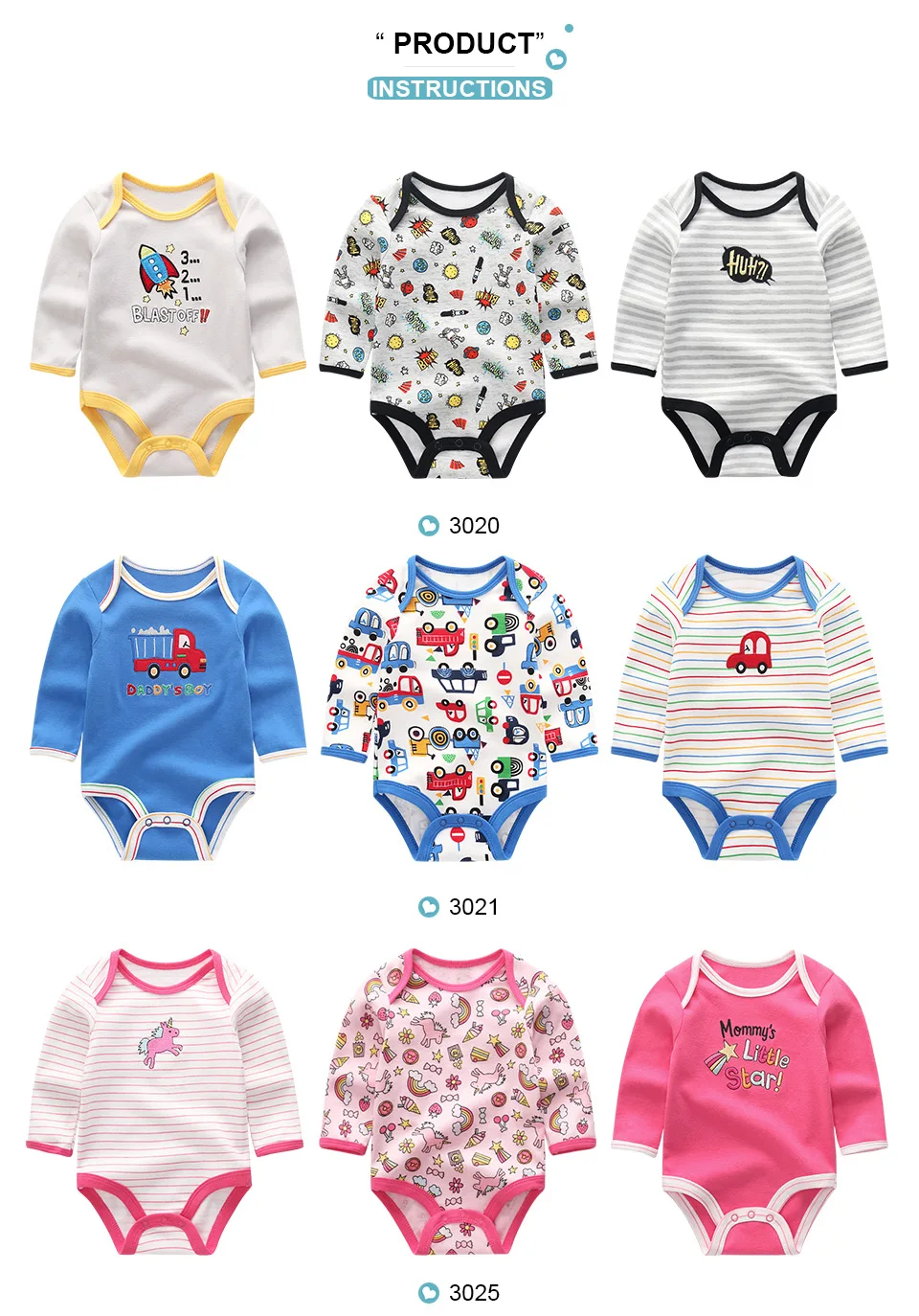 Newborn Cartoon 3Pieces Long Sleeve Bodysuit Baby Girls Clothes Cotton 0-12M Baby Boy Clothes Print Jumpsuits Autumn Spring