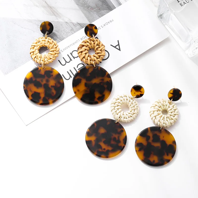 

New Korean Handmade Acrylic Leopard Drop Earrings For Women Boho Rattan Straw Weave Knit Vine Earrings Vacation Party Jewelry