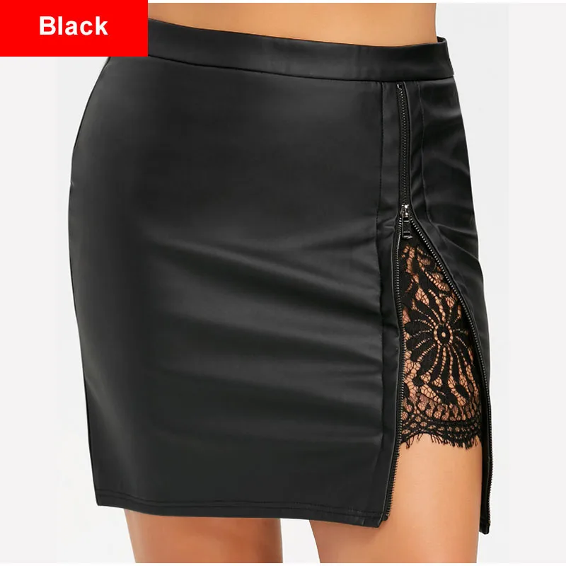 Узкая кружевная юбка на молнии размера плюс 4Xl 5Xl, облегающая юбка-карандаш большого размера с кружевной вставкой, мини-юбка-карандаш из искусственной кожи - Цвет: Black