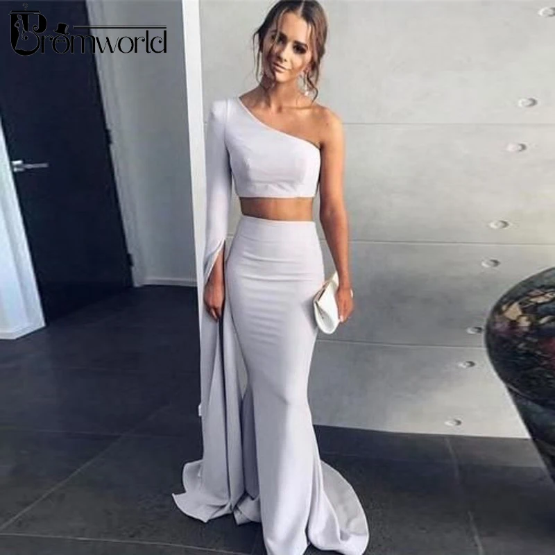 Promworld Grey Evening Dresses Mermaid One Shoulder Simple Long Evening Gowns Satin Two Pieces Prom Dresses