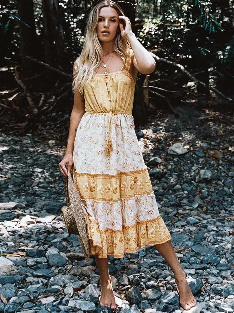 

BOHO INSPIRED Lemon print sundress strappy summer dresses tassel tied midi boho dresses gypsy style beach dress for women 2019