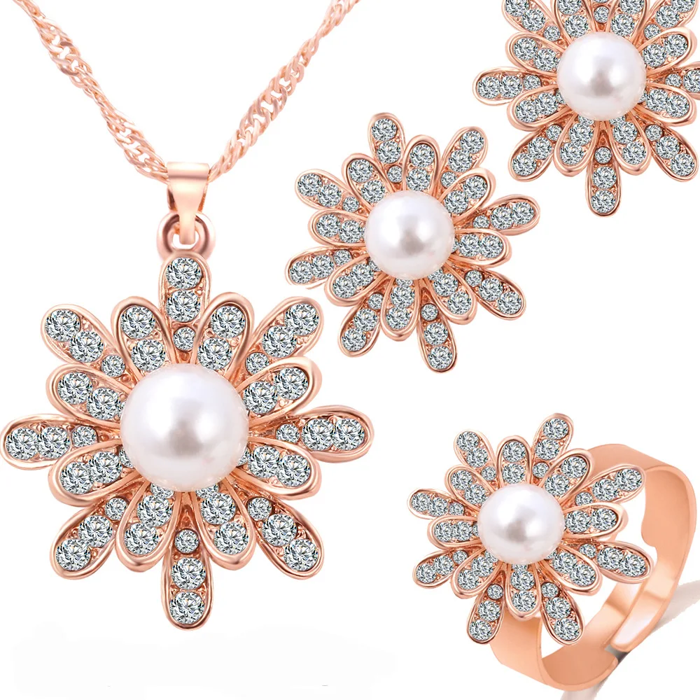 

Snowflake pearl earrings necklace set flower set three pieces of jewelry