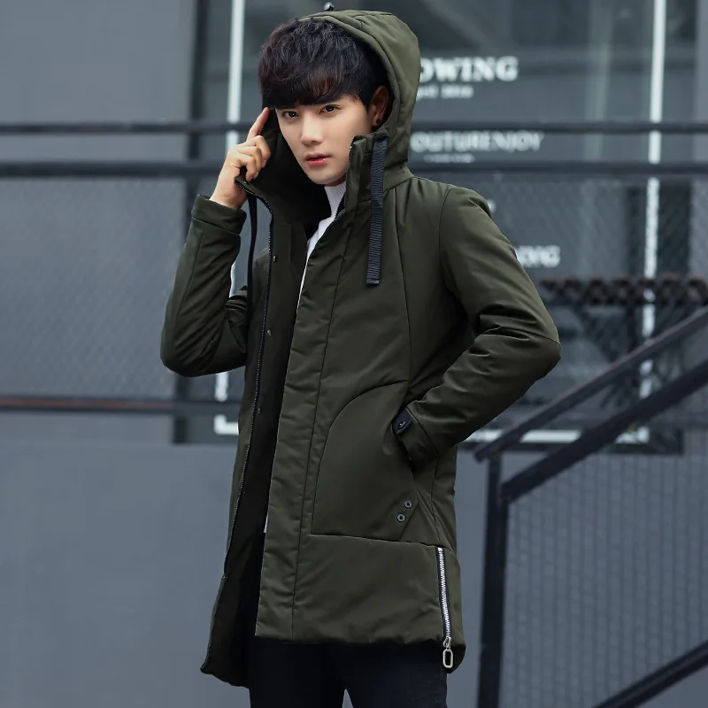 Зимняя мужская куртка с капюшоном, тонкая Корейская длинная куртка, хлопковая Толстая Мужская высококачественная повседневная Модная парка, хлопковое пальто, молодежная одежда