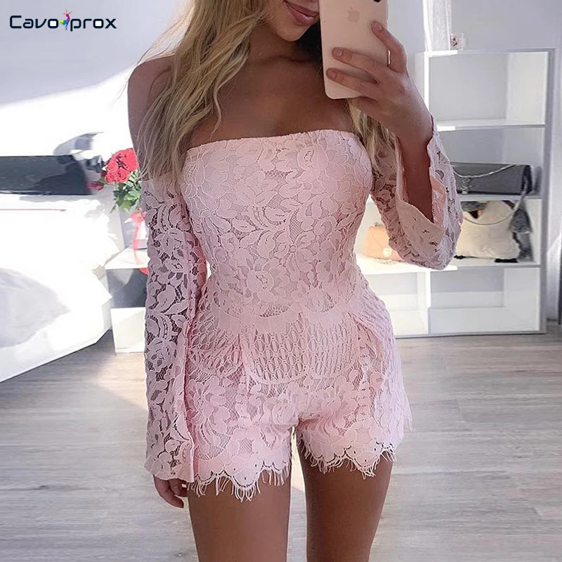 

Women Off Shoulder Eyelash Lace Trimmed Romper Casual Skinny Long Sleeve Summer Bodycon Solid Elegant Playsuits