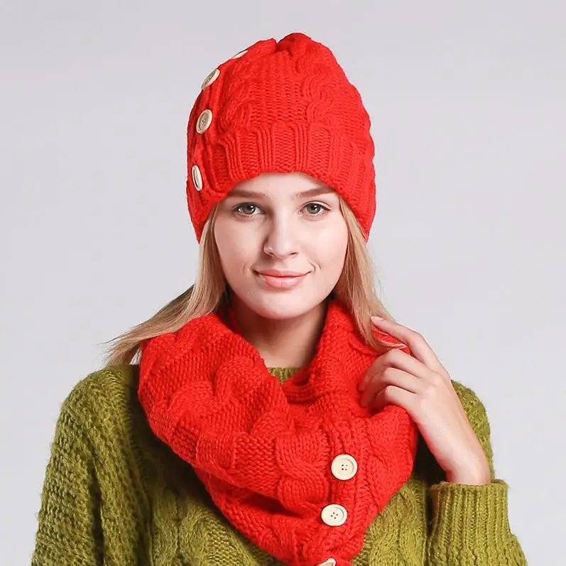 Теплая вязаная женская шапка, шарф, набор, меховая шерстяная подкладка, толстые теплые вязаные шапочки, зимняя шапка, шапка Skullies Bonnet Infinity Scarf - Цвет: red