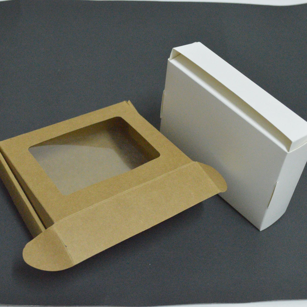 

10pcs lots 2sizes White Folded Rectangle Kraft Paper Box Window Biscuit Food Packing Package Gift Cardboard Muffin Candy Box