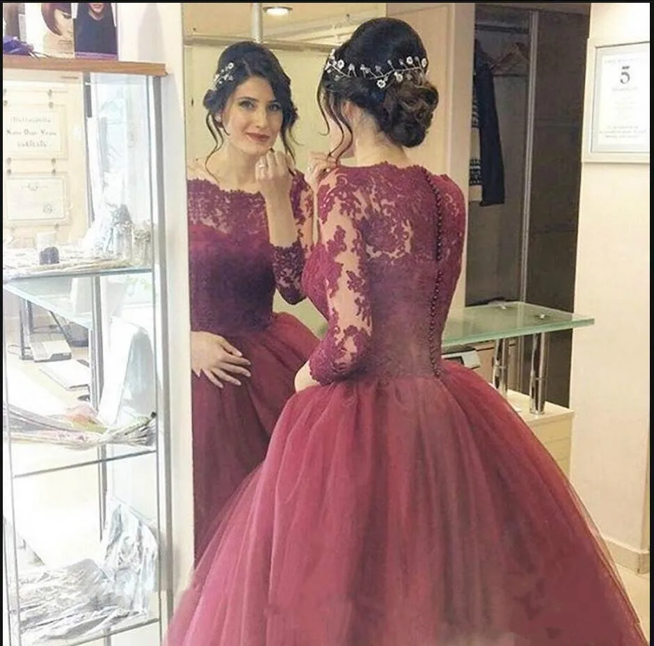 

2019 Burgundy Quinceanera Ball Gown Dresses Long Sleeves Lace Appliques Organza Sweep Train Sweet 16 Party Prom Evening Gown