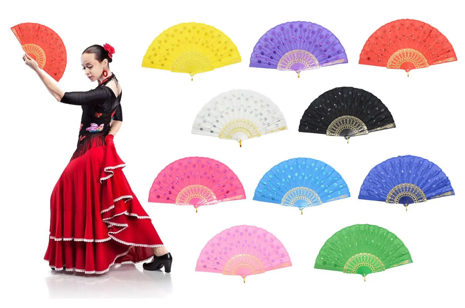 

FEECOLOR 10pcs Colorful Peacock Folding Hand Held Fans Bulk for Women - Spanish Vintage Retro Fabric Fans for Wedding, Church