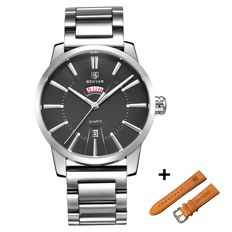 BENYAR часы набор для мужчин бизнес Кварцевые часы Модные Аналоговые роскошные мужские кожаные Наручные часы водонепроницаемые часы Montre Homme - Цвет: Steel Silver Black