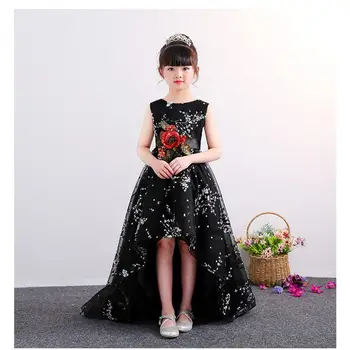 

2019 Kids Girl Bow Wedding Pageant Party Dress Teens Girl Princess Formal Prom Gown Children Print Flower Trailing Vestido Q452
