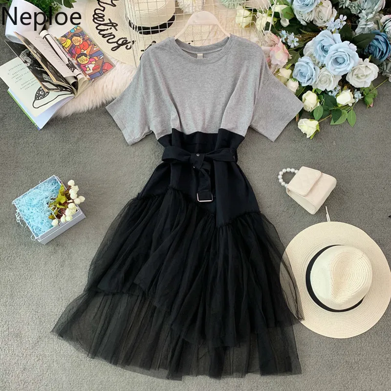 

Neploe Fake Two Piece Patchwork Women Dress Summer 2019 O-Neck Short Sleeve Vestidos Loose Drawstring Mesh Irregular Robe 44534