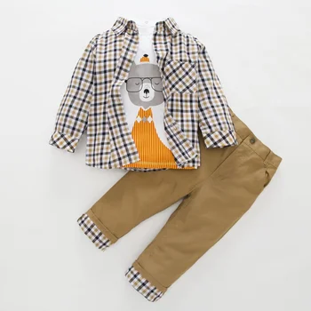 

3 Pcs Baby Boy Clothes Gentleman Outfits Boy Plaid Print Shirt Cartoon T-Shirt Pant Toddler Suit Set 13