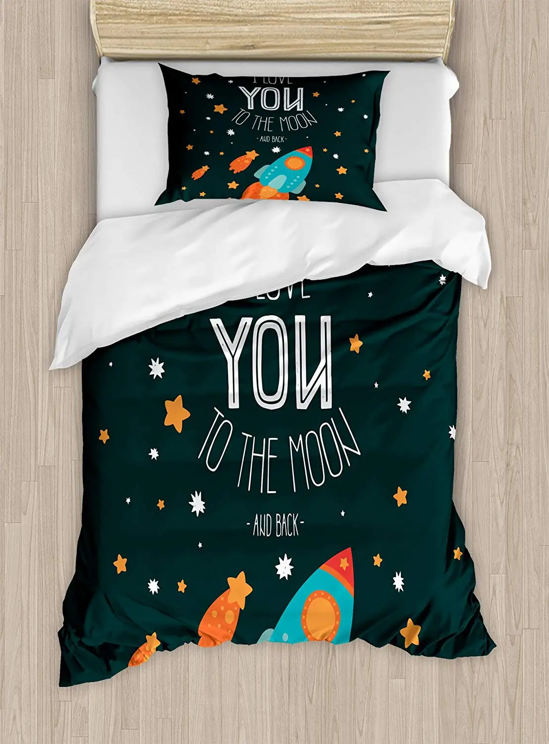 

I Love You Duvet Cover Set Twin Size Rocket on The Road of Space Adventure Cosmic Valentine's Couples Universe Theme Bedding Set