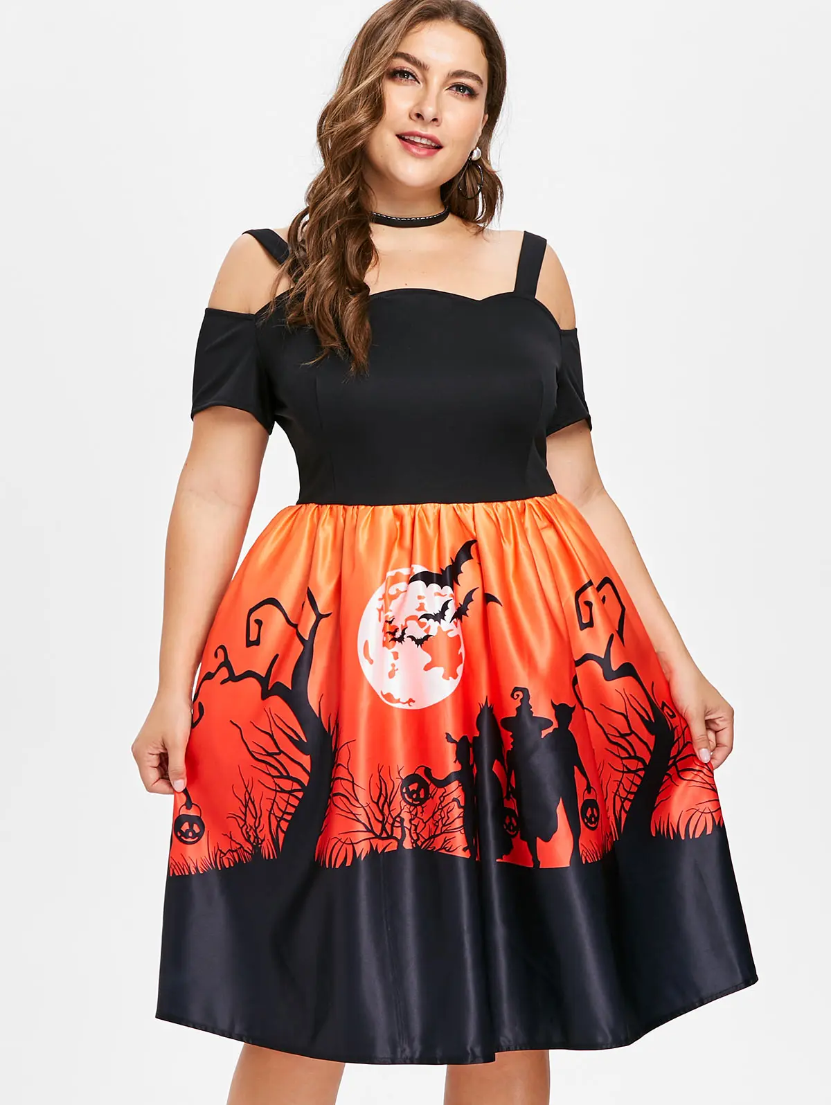 

Wipalo Women Plus Size Halloween Print Sexy Cold Shoulder A-Line Vintage Dress Retro Halloween Party Dress Short Sleeve Vestidos