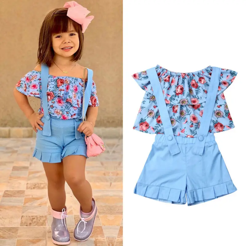 AU/комплект из 2 предметов; одежда для маленьких девочек; топы с открытыми плечами и цветочным принтом+ шорты-комбинезон; летняя одежда