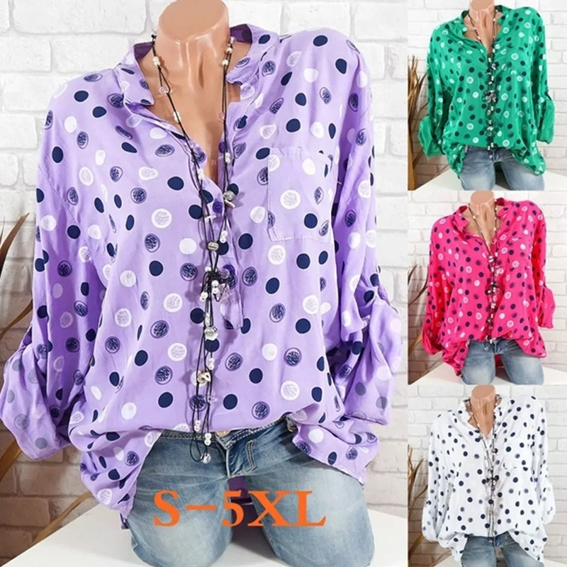 

Large size women's shirt 2019 summer tops leisure polka dot print V-neck long-sleeved head pocket Women's Blouse
