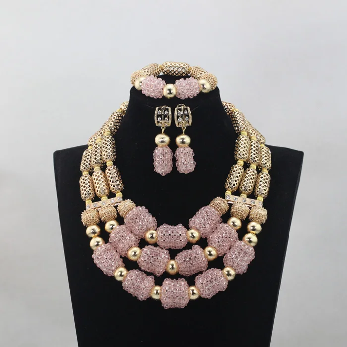 

Pretty Fashion African Wedding Gold Mix Pale Pink 3 Rows Crystal Beads Jewelry Sets Necklace African Accessory Free ShipABL836