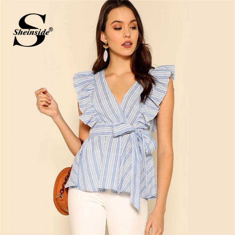 

Sheinside Blue Striped Womens Blouse Ruffle Detail Belted Boho Top V Neck Summer Tops for Women 2019 Fashion Ladies Blouses