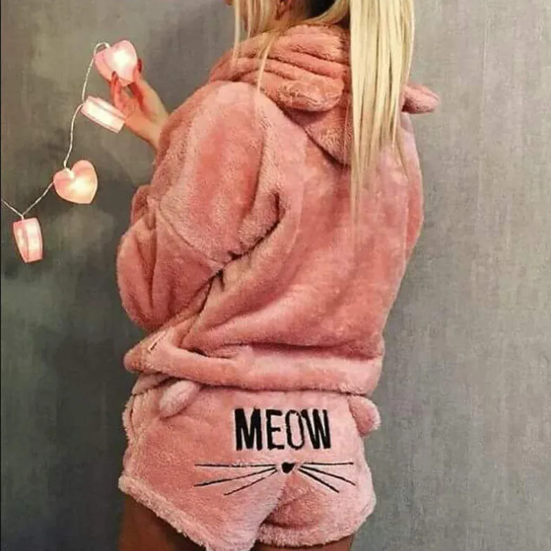 Модные зимние теплые женские пижамные комплекты из кораллового флиса с меховым