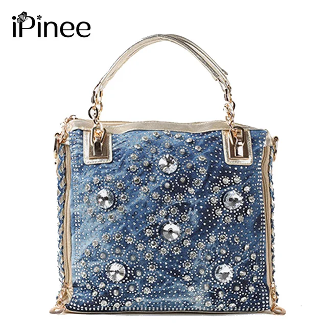 Ipinee Denim Jean Casual Women Handbags Designer Weaving Shoulder Ipinee Denim Jean Casual Women Handbags Designer Weaving Shoulder Bags Rhinestone Decorative Womens Messenger Bag Totes