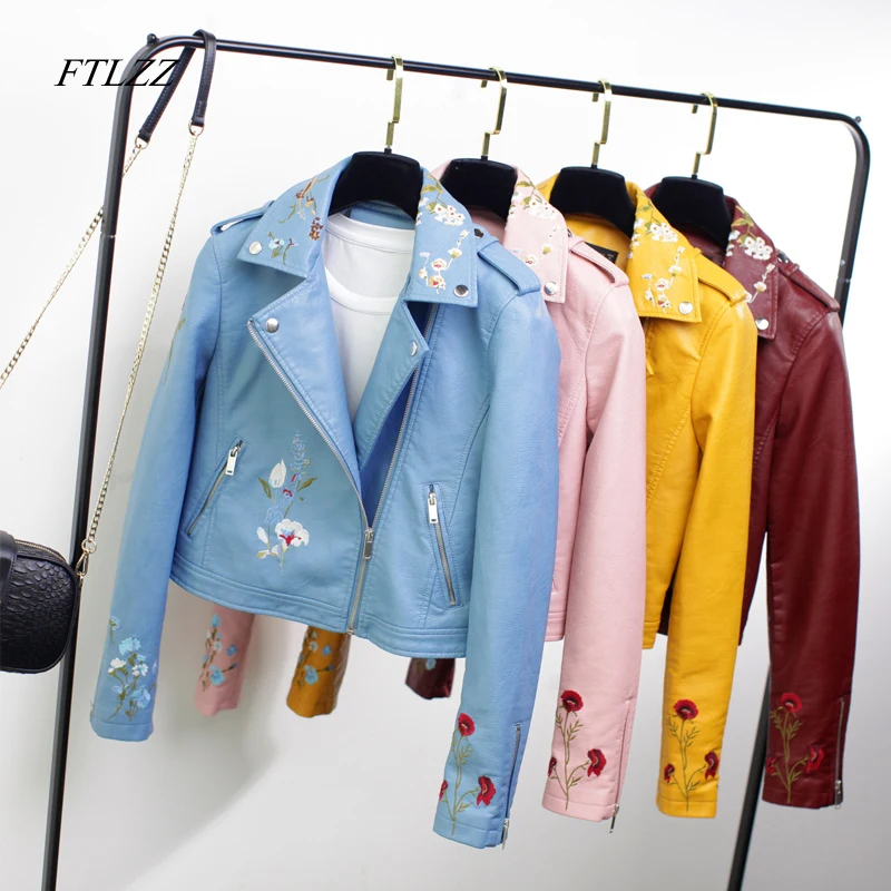 

Ftlzz Pu Leather Jacket Women Fashion Vintage Embroidery Motorcycle Jackets Pink Soft Faux Short Biker Coats Female