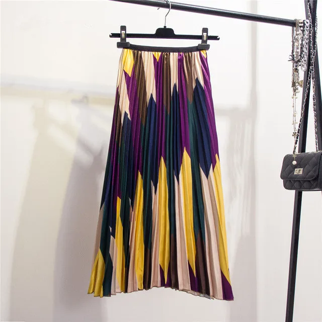Мода, женские плиссированные юбки с высокой талией, весенне-летние юбки с рисунком, юбки с эластичной резинкой на талии, длинные юбки для женщин, Rok - Цвет: Style6-purple